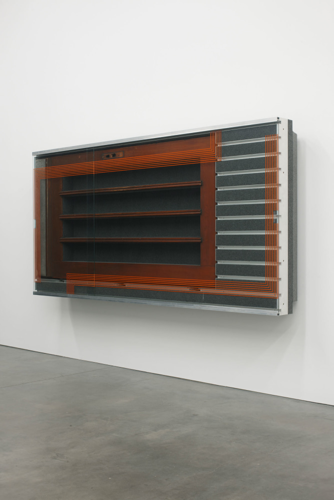 Reinhard Mucha

Telgte, 1994

&amp;nbsp;

Aluminum profiles, float glass, red lead painted on reverse of glass, entrance door wood glaze, solid wood, aluminum sheet (found object), felt, blockboard

50.04 x 102.44 x 14.06 inches

(127.1 x 260.2 x 35.7 cm)