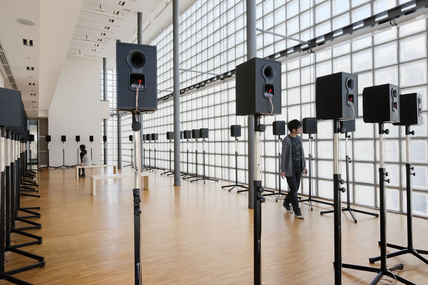 Janet Cardiff
The Forty Part Motet (A reworking of &amp;quot;Spem in Alium&amp;quot; by Thomas Tallis 1556), 2001
40 loud speakers mounted on stands, placed in an oval, amplifiers, playback computer
Duration: 14 minute loop with 11 minutes&amp;nbsp;of music and 3 minutes&amp;nbsp;of intermission
Dimensions variable
Installation view at&amp;nbsp;Fonadation d&amp;rsquo;entreprise Herm&amp;egrave;s, Tokyo, 2009
Photo: Atsushi Nakamichi / Nac&amp;aacute;sa &amp;amp; Partners Inc.