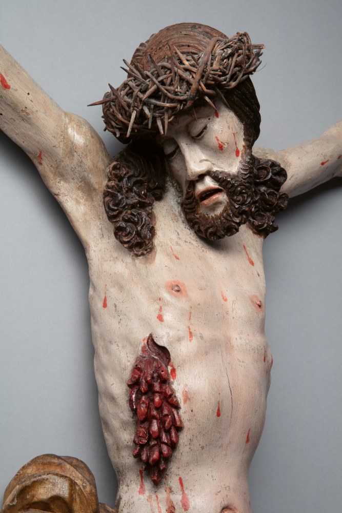 Crucified Christ, c. 1500-1520
Germany, Upper Rhine
Polychromy and gilding on wood
45 x 33 x 28 inches
(114.3 x 83.8 x 71.1 cm)