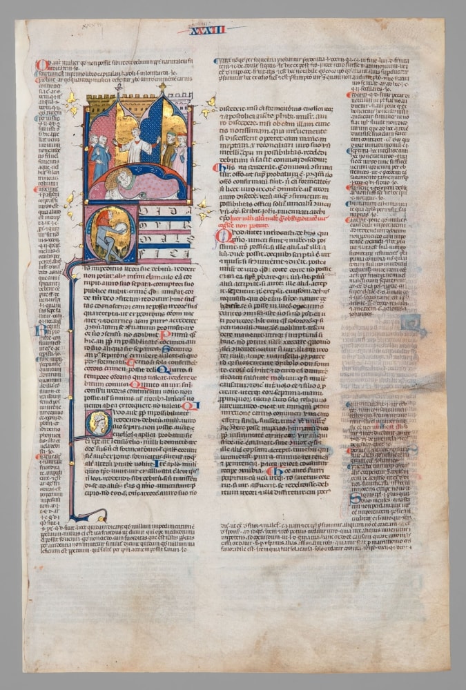 Manuscript leaf with two scenes: a couple discussing legalities with lawyers, and two lovers in a bed, c. 1320
Southern France, Toulouse (?)
Ink, pigments and gilding on parchment, from a copy of Gratian&amp;#39;s Decretals
16 3/4 x 11 3/8 inches
(42.4 x 29 cm)