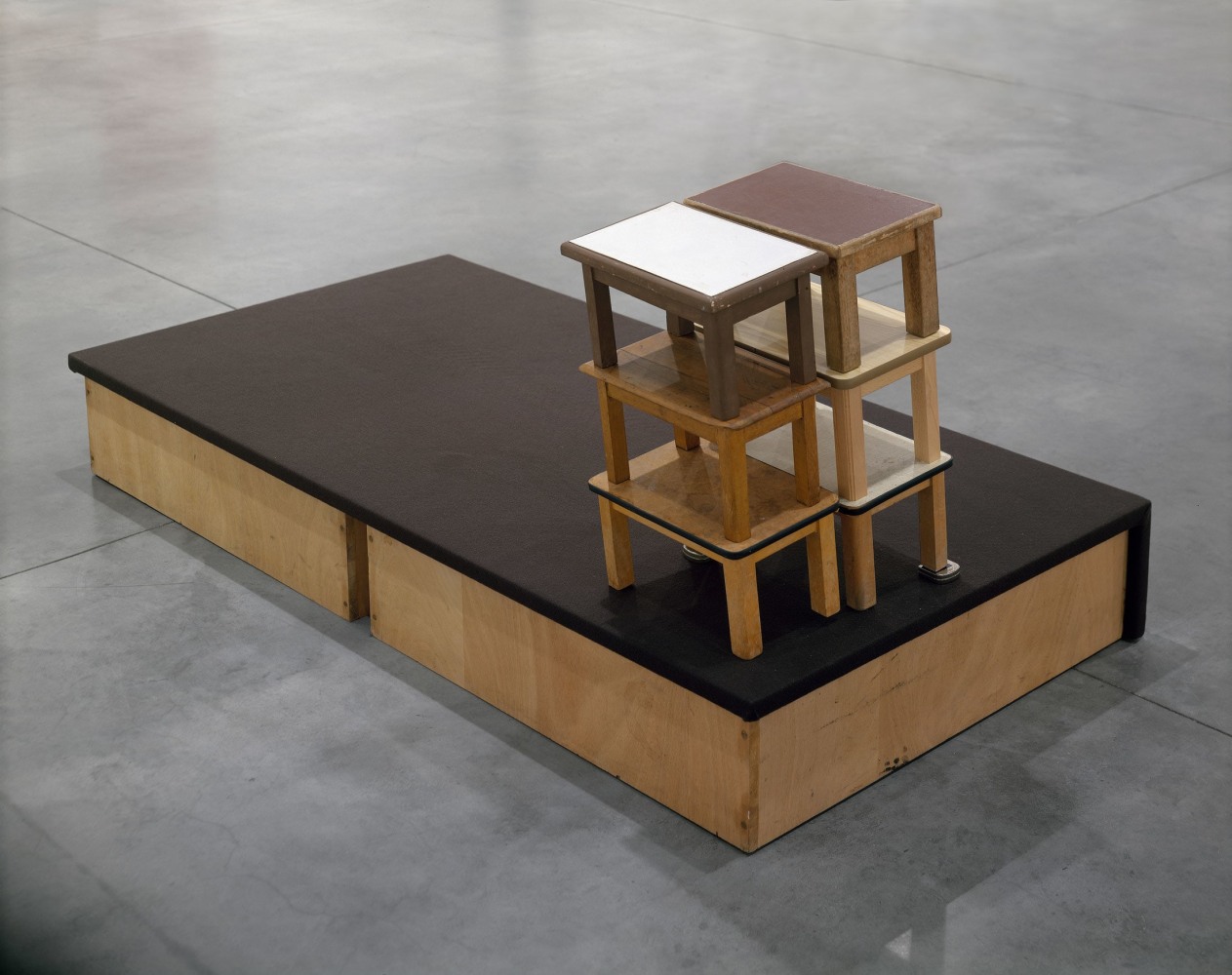 Reinhard Mucha

[Eichen] ex Freren, [2009] 1984

Felt, wood&amp;nbsp;(pedestal), PVC, Linoleum, Formica, wood&amp;nbsp;(6 footstools, found objects),&amp;nbsp;2 metal tape measures

34.65 x 75.20 x 38.78 inches&amp;nbsp; &amp;nbsp; &amp;nbsp; &amp;nbsp;

(88.0 x 191.0 x 98.5 cm)