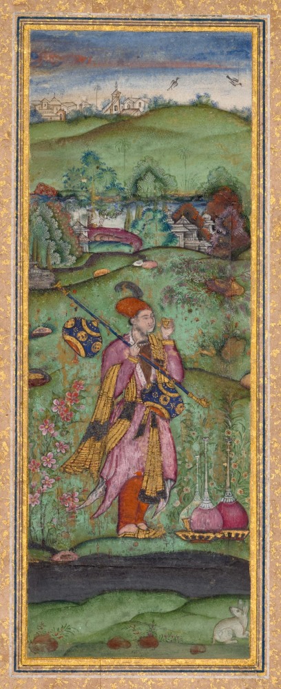 A musician holding a vina, 1600-05
Deccan, Bijapur, attributed to Farrukh Husain, with additions by an artist in his circle
Opaque pigments and gold on paper
Folio: 10 7/8 x 6 7/8 inches (27.7 x 17.6 cm)
Painting: 4 1/2 x 1 3/4 inches (11.5 x 4.5 cm)