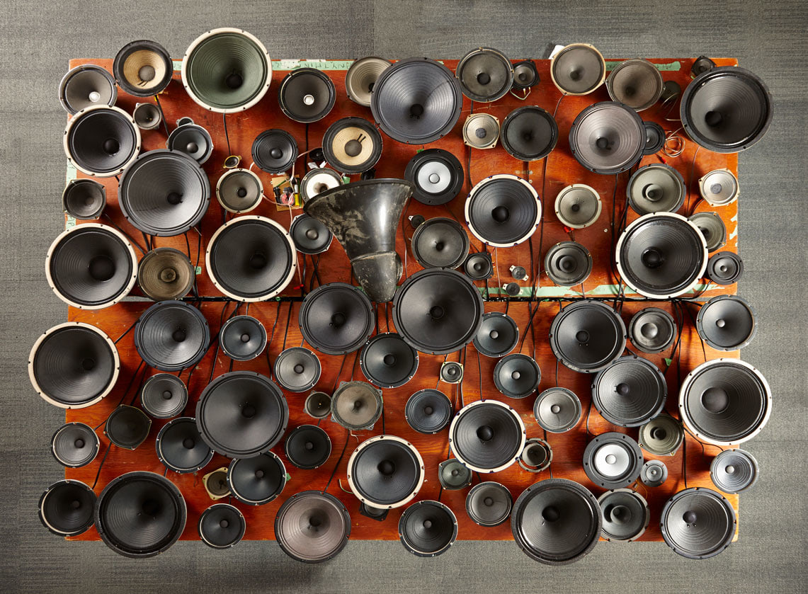 Janet Cardiff and George Bures Miller
Experiment in F# Minor, 2013
72-channel audio installation including speakers, photosensors, and wooden worktables
96 1/8 x 72 x 30 inches
(244.16 x 182.88 x 76.2 cm)