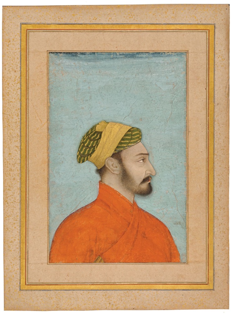 Bust portrait of a prince, probably Muhammad Sultan, the son of Aurangzeb, Imperial Mughal, probably by Hunhar, c. 1670
Laid down in an album page with calligraphy on the reverse
Opaque pigments with gold on paper
Folio: 12 1/2 x 9 1/4 inches (31.6 x 23.5 cm)
Painting: 8 5/8 x 5 5/8 inches (22 x 14.4 cm)