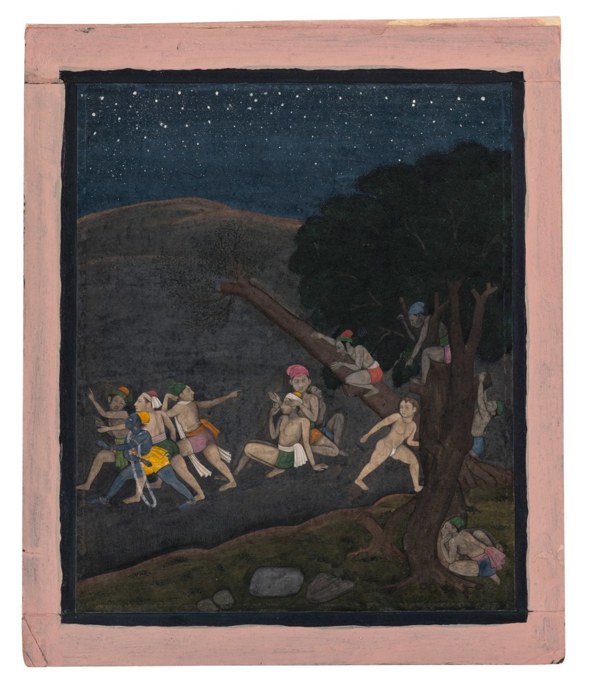 Krishna and his friends playing hide-and-seek by night
Guler, c. 1765
Opaque pigments and gold on paper, within a black margin and pink border
Folio: 10 3/10 x 8 2/5 inches (26.3 x 22 cm)
Miniature: 8 3/10 x 7 (21.2 x 17.7 cm)