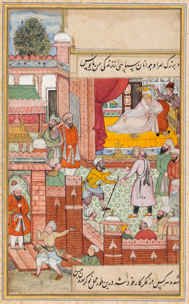Babur receives an envoy from Uzun Hasan when lying sick in 1497, folio from the first Baburnama, Imperial Mughal, 1589-90
Opaque pigments, ink and gold on paper
Folio: 12 x 7 1/2 inches (30.3 x 19.5 cm)
Miniature: 8 x 5 inches (20.7 x 12.5 cm)