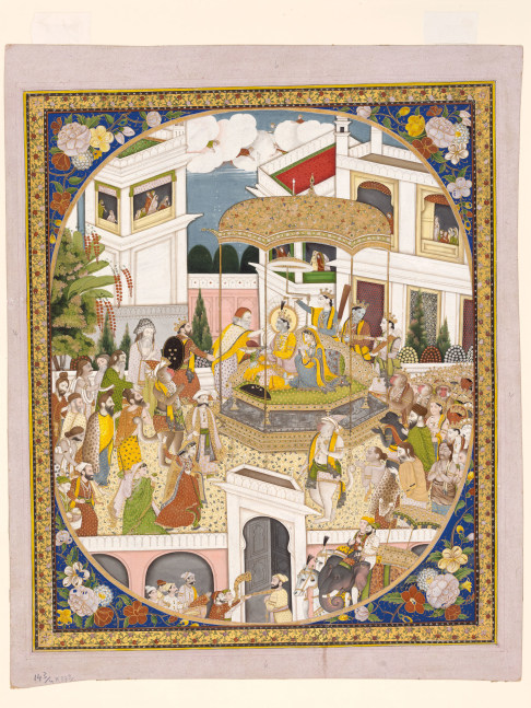 The Coronation of Rama, based on the description in the Yuddhakanda of the Ramayana, ch. 130, c. 1840
Mandi
Opaque pigments, with gold and silver on paper, within a gold oval border with white rules; spandrels decorated with large flowers against a blue ground; outer gilt border with a European style scrolling floral design with peonies; black and yellow rules
Folio: 20 1/8 x 16 3/8 inches (51.2 x 41.5 cm)
Painting: 17 3/4 x 14 5/8 inches (45 x 37 cm)