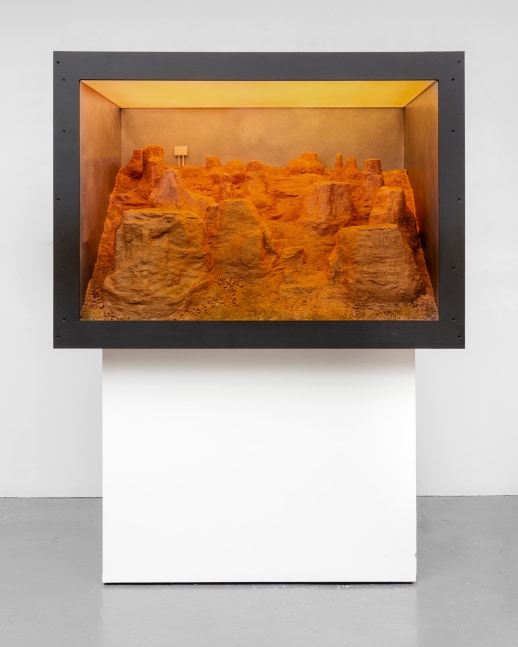 Olivia Erlanger
Orange Sky, 2024
Sand, flocking, foam, plaster, acrylic, aluminum, graphite, shoe polish, LED, plexiglass, driver
50 x 32 x 36 inches
(127 x 81.3 x 91.4 cm)