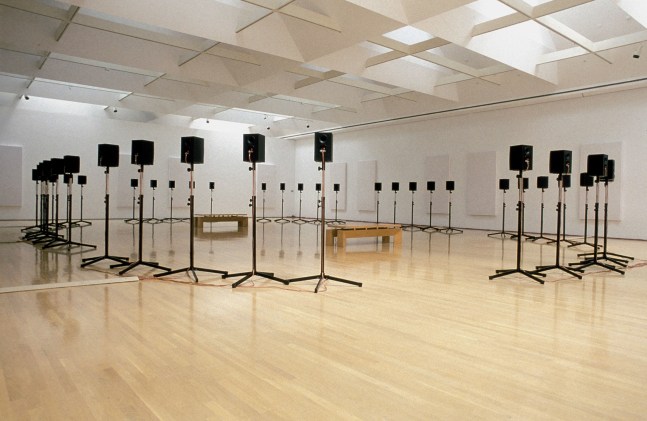 Janet Cardiff
The Forty Part Motet (A reworking of &amp;quot;Spem in Alium&amp;quot; by Thomas Tallis 1556), 2001
40 loud speakers mounted on stands, placed in an oval, amplifiers, playback computer
Duration: 14 minute loop with 11 minutes&amp;nbsp;of music and 3 minutes&amp;nbsp;of intermission
Dimensions variable
Installation view at&amp;nbsp;Mus&amp;eacute;e d&amp;#39;Art Contemporain, Montreal, 2002
